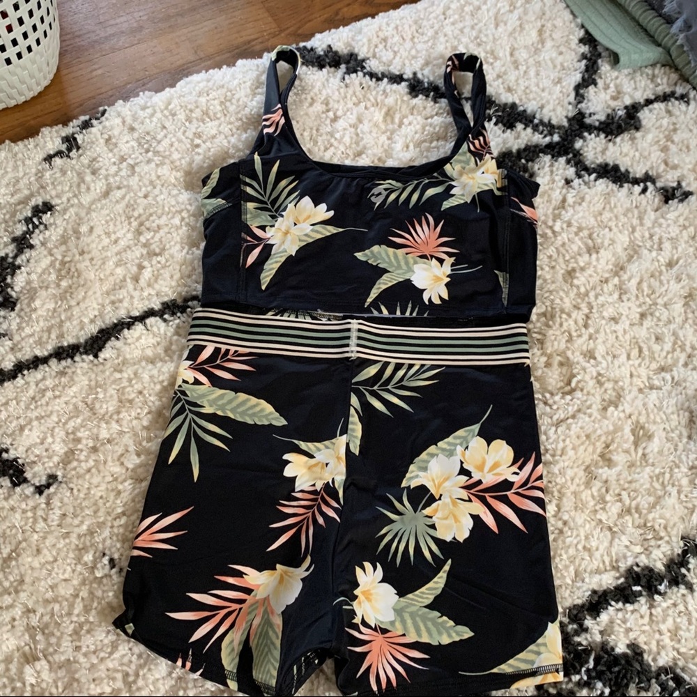 Billabong Black Floral Athletic Shorts Set with Pink, Yellow, Green Accents - Picture 3 of 4